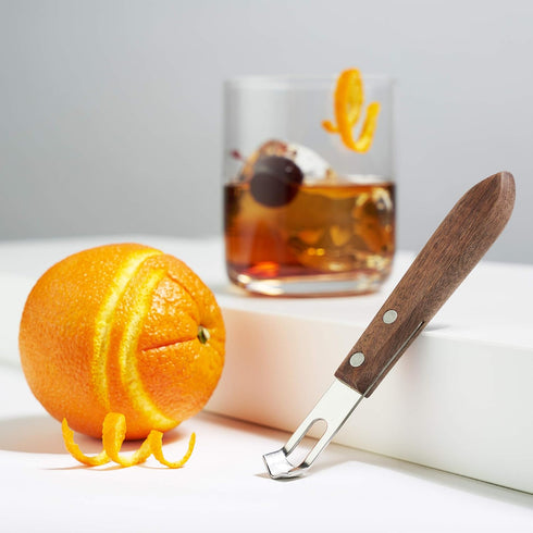 Set 1 Viski Channel Knife, Citrus Zester and Orange Peeler Tool, Walnut Wood and Stainless Steel Bar Tool for Cocktail