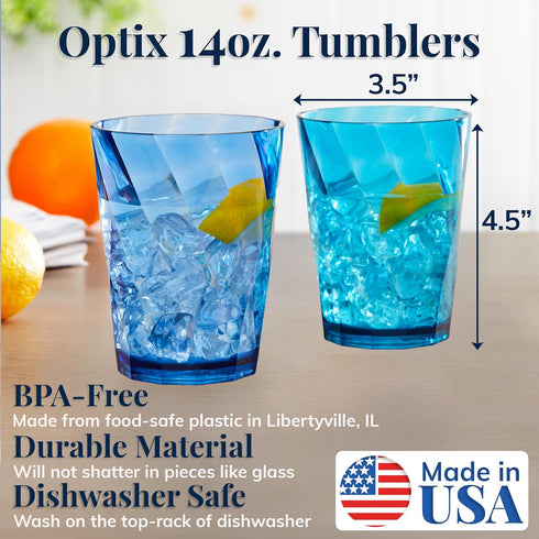 US Acrylic Optix 14oz Reusable Drinking Glasses (Set of 8) in Coastal Colors | BPA-Free Tumblers, Made in USA |