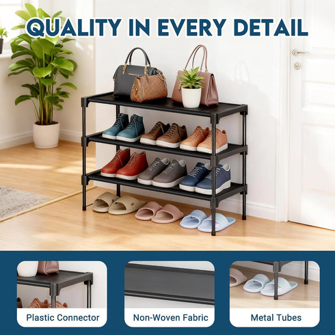 3 Closet, 28" LOFTEY Shoe Rack, Tier Non-Woven Shoe Shelf, Stackable Shoe Rack Organier for Front Door and Entryway