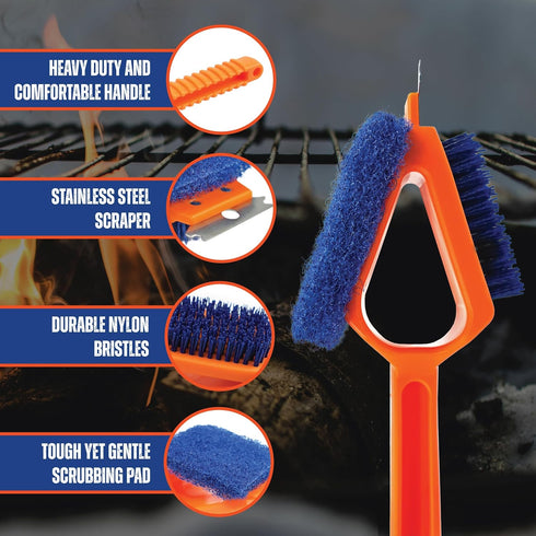 3in1 CitruSafe Nylon Grill Brush with Scraper & Scrubber - Made in USA - Safe Grill Brush - Grill Brush Non Metal