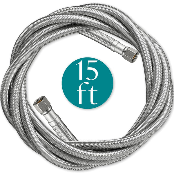 15' Pex Water Supply Lines Hose for Fridge Outlet Box - Braided Refrigerator Water Line for Ice Maker with 1/4 Comp