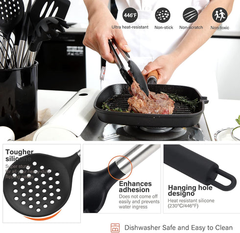 Kitchen Utensils Set | 28 Pcs Silicone Cooking Utensils Set with Holder, Black Stainless Steel Handle Kitchen Gadgets