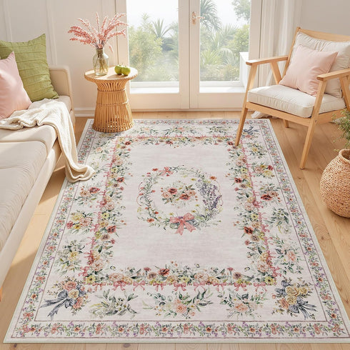 5x7 Joydeco Floral Bow Pink Rug for Bedroom, Washable Area Rug for Girls Nursery Playroom, Ultra-Thin Non Slip Soft