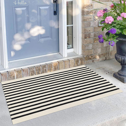KILOCOCO Beige Striped Rug, 2.3'x3.6' Hand Woven Cotton Washable Indoor Outdoor Doormats for Front
