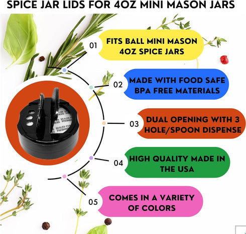 JARMING COLLECTIONS Mini Spice Jar Lids, Plastic Pour & Shaker Lids for Miniature Storage Jars, Made in the USA