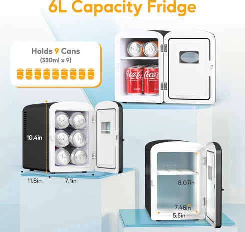 HealSmart Portable Mini Fridge, 6 Liter 9 Can Cooler and Warmer Compact Refrigerators with Observation Window,
