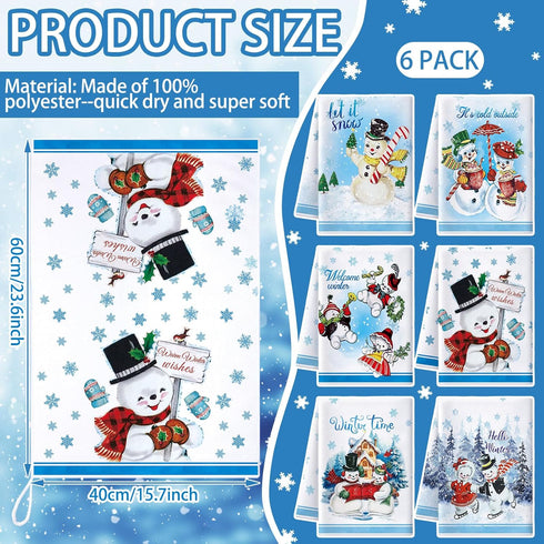 6 FuWeave Pcs Hello Winter Kitchen Towels Snowman Dish Blue Snowflake Tea Christmas Absorbent Hand Drying Towels Let it