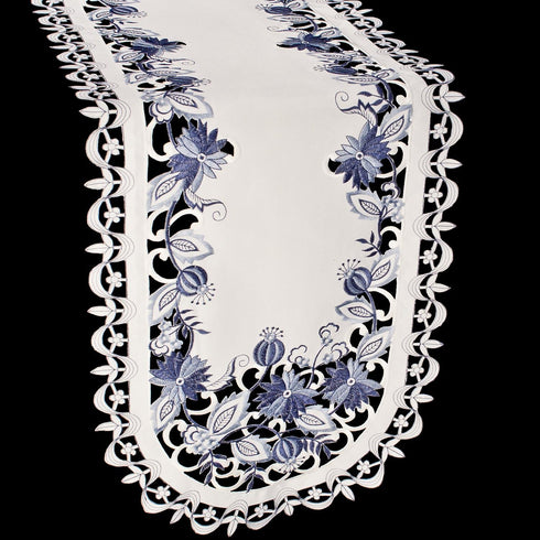 Embroidered Delft Blue Onion Flower Table Runner - Dresser Scarf, Doily (15Wx34L)