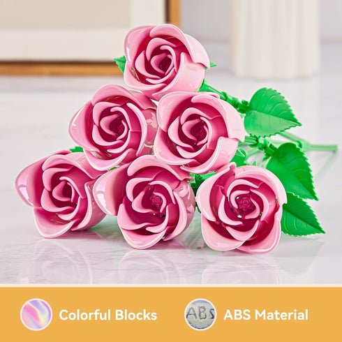 EWED Set: 6-Pack Rose Flower Bouquet Building Artificial Flowers Botanical Collection Blocks Kit for Women Girls Wife