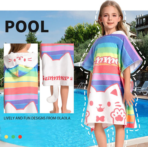3-12 OLAOLA Striped Cat Hooded Kids Beach Towels for Years Boys Girls, Soft Absorbent Kids Hooded Bath Towel Wrap