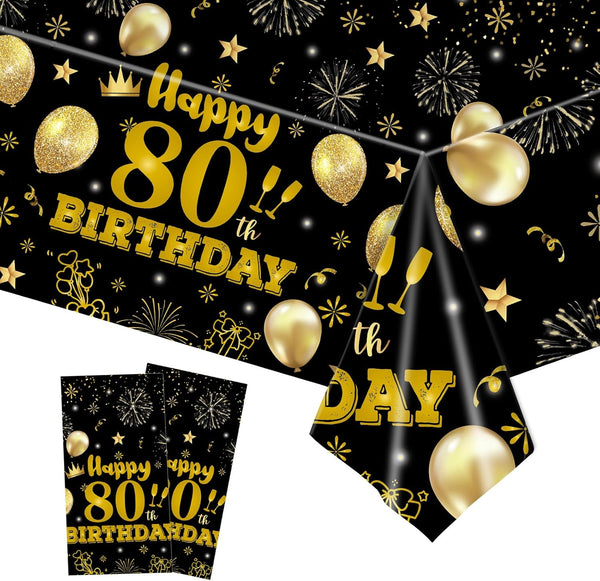 2 Pack 80th Birthday Tablecloths,54 x 108 inch Disposable Black and Gold