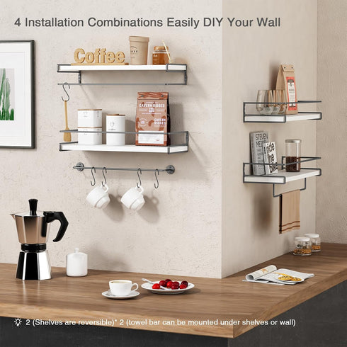 Set 2) Forbena White Floating Shelves for Bathroom Organizer Over Toilet, Bathroom Shelves Wall Mounted with Towel
