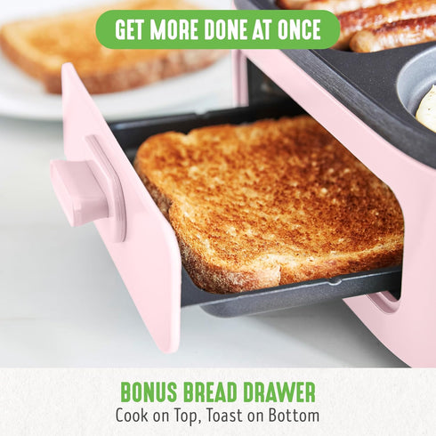 GreenLife 3-in-1 Breakfast Station, Ceramic Nonstick Dual Griddles for Eggs, Meat, Pancakes & Sandwiches, Pink