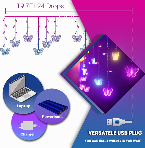 120 19.7FT Butterfly Fairy Lights for Bedroom Curtain Ceiling Wall Decor USB Plug-in Led Twinkle String Light