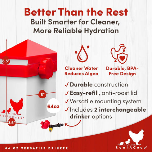 64oz (2 2 RentACoop Liter) Chicken Drinker with Versatile Nipples - Ideal for Baby Chicks, Quail, Small Birds