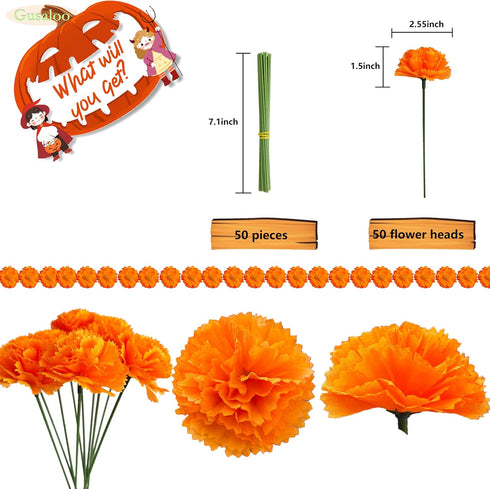 Marigold Flower Heads 50Pcs, Mexican Artificial Flowers for Day of The Dead Diwali Home DIY Garland Craft Decoration