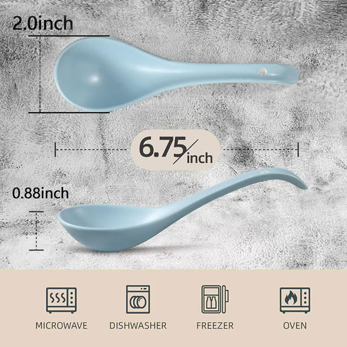 Artena 6.75 inch Solid Asian Soup Spoon Set of 6, Ultra-fine Porcelain Ramen Spoons for Pho, Miso, Dumpling, Blue