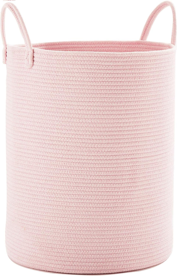 Large Pink Laundry Basket 15x20 Inches, 60L Woven Rope Hamper for Baby