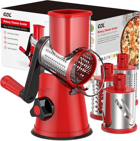 Rotary Cheese Grater for Kitchen, Vegetable Slicer with 3 Drum Blades, Fast Cutting Shredder for Cheese and Nuts