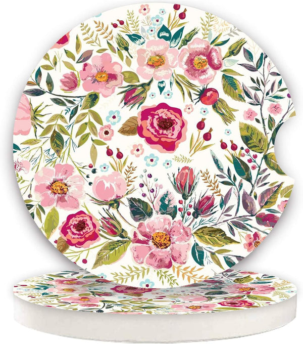 Car Coasters for Women, 2 Pack Mother's Day Auto Ceramic Coasters for Cup Holders, Easy Removal (Flower)