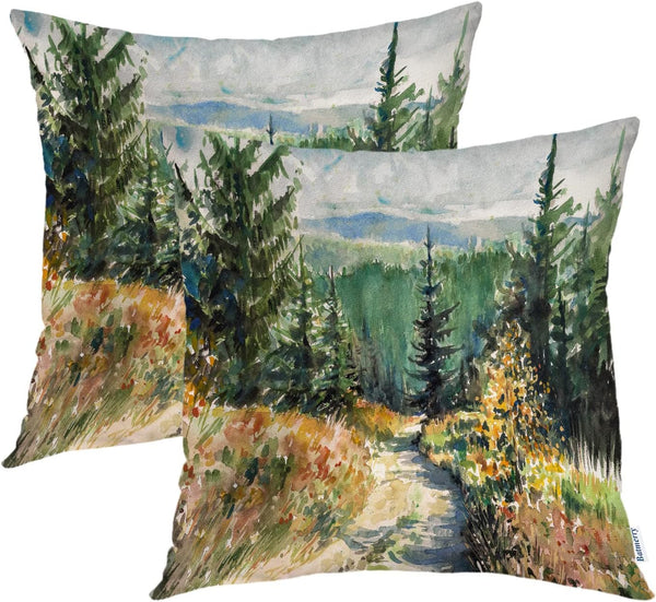 Batmerry Watercolors Landscape Throw Pillow Covers, Decorative Pillow Covers with Road in Mountains for Couch Sofa