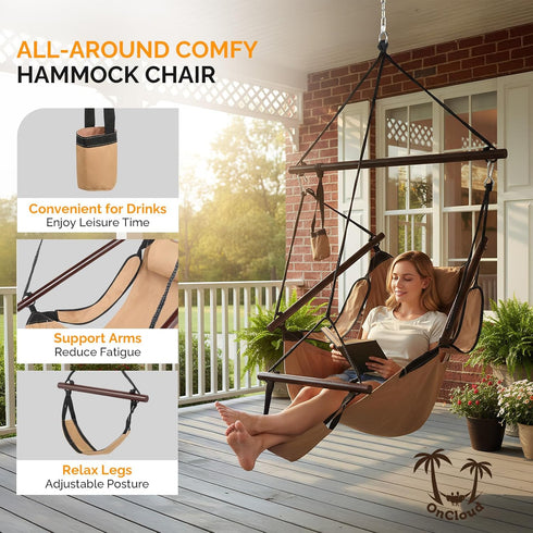 ONCLOUD Hammock Upgraded Unique Hanging Sky Chair, Air Deluxe Swing Seat with Rope (Tan)