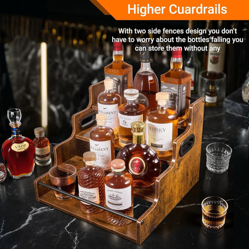 YQBRAO 4-Tier 16-Inch Countertop Tiered Liquor Bottle Display Shelf - Rustic Wood Liquor Rack & Coffee Syrup Organizer