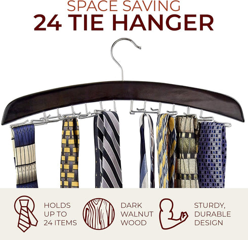 Richards Wooden Tie Rack, Hanging Organizer for Men's Closet Accessories, Holds 24 Ties, Walnut Wood
