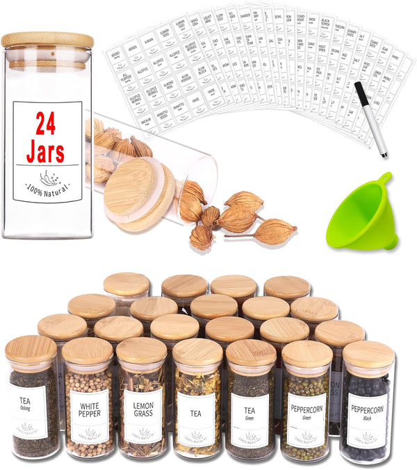 Churboro 24 Glass Spice Jars with Bamboo Airtight Lids, 400 Spice Labels,