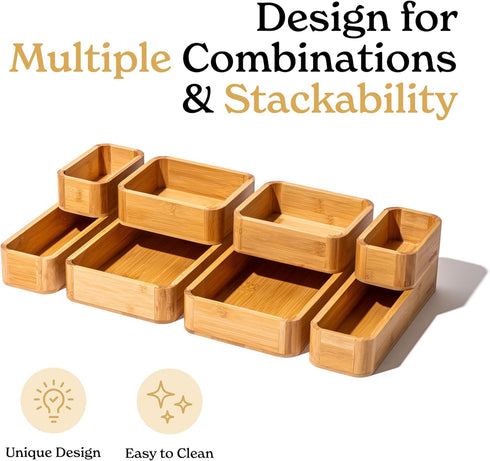 SMIRLY 8-Piece Bamboo Kitchen Drawer Organizer Set - Multi-use Storage Box for Bathroom, Nightstand, Jewelry, Cutlery