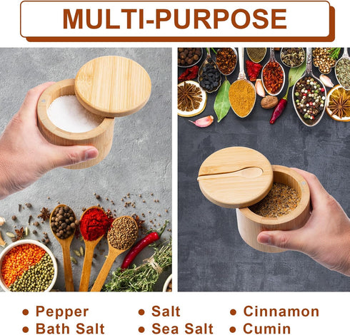 Husfunov 6 Bamboo Salt Cellar, Magnetic Swivel Lid Salt Box, Round Container for Storing Pepper Sugar Herbs, Ounce