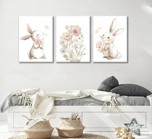 Grengel Pink Girl Nursery Bunny Canvas Wall Art Cute Rabbit Wildflowers Painting Pictures Wall Decor Botanical