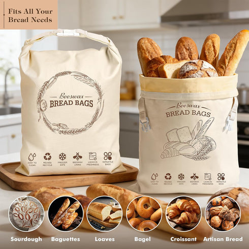 2 Pack Aofmee Beeswax Bread Bags for Homemade Bread & Sourdough, Reusable Sourdough Bags, XL Natural Cotton Beeswax