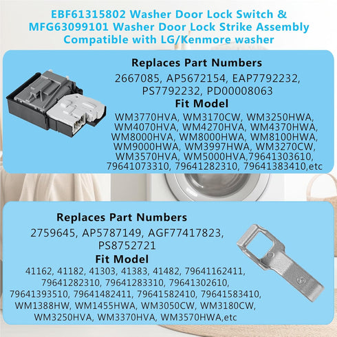 2024 New EBF61315802 Washer Door Lock Switch & MFG63099101 Washer Door Lock Strike Assembly Compatible with LG Kenmore