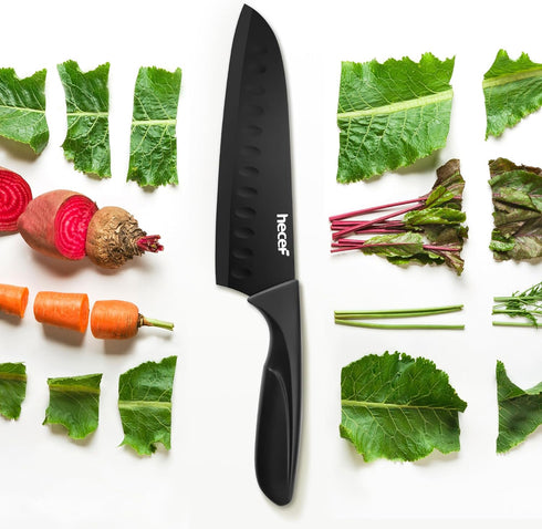 hecef Black Kitchen Knife Set of 3 - Sharp Stainless Steel Blades with Lightweight Handles, Non-Stick Coating