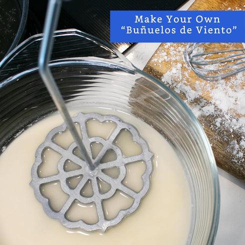 Bunuelos Mold with Handle (4.7 in Cast Aluminum) - Mexican Buñuelos de Viento Mold with Rosette Iron Set