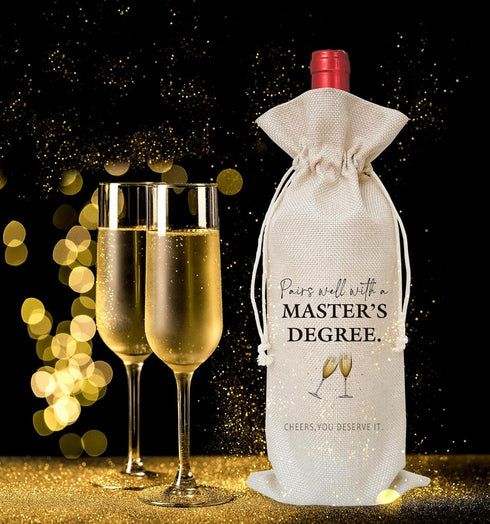 Pairs Well With A Master's Degree Wine Gift Bag, Cotton Linen Wine Bag with Drawstring for Graduation Gifts