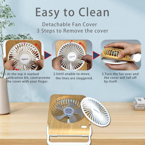 Small Quiet Desk Fan, 5in Rotatable, Foldable & Rechargeable, 3000mAh Battery Operated, Strong Airflow (Light Wood)