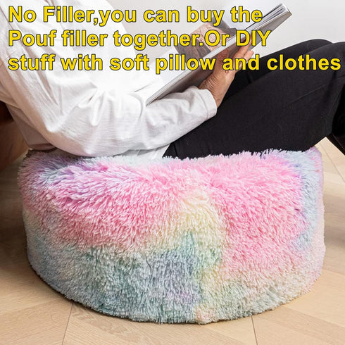 Asuprui Pouf Ottoman, Unstuffed Round Bean Bag Poof Seat, Soft Faux Fur Footrest Stool 20x20x12 Inches, Rainbow Cover