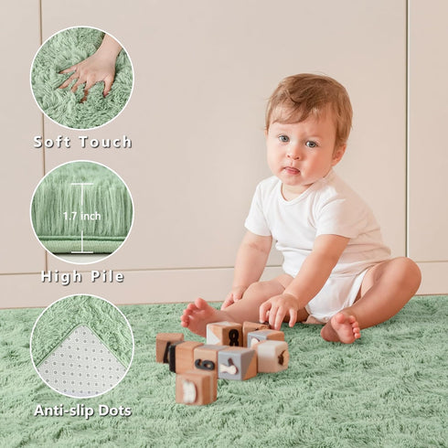 Fluffy Fuzzy Sage-Green Rugs for Bedroom - 4x6 Feet Soft Non Slip Plush Area Rug for Living Room and Kids Room