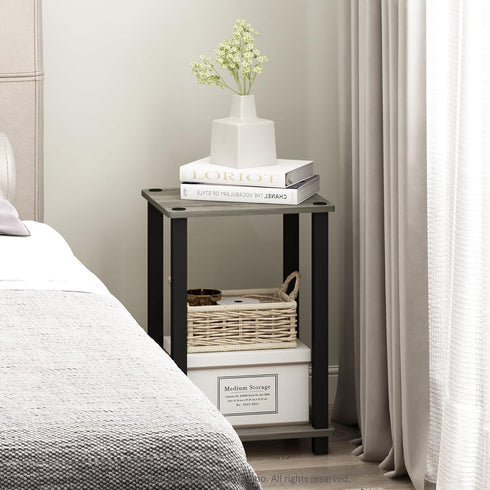 1-Tier Furinno Simplistic End Side Night Stand/Bedside Table with Plastic Poles, French Oak Grey/Black