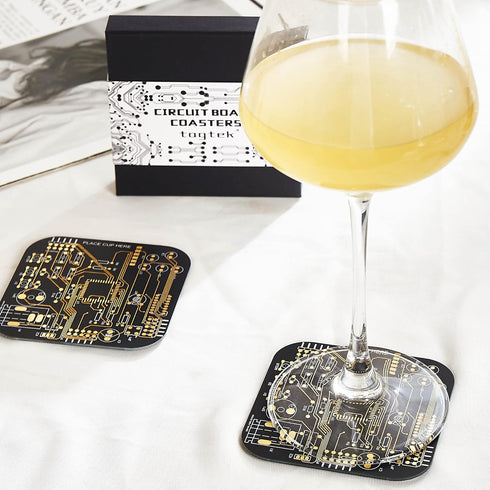 Immersion 2 Pack PCB-Design Blue Circuit Board Coasters for Coffee Table, Bar, Office - Gold
