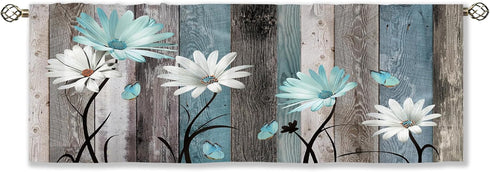 Teal Farmhouse Daisy Curtain Valance for Window Treatments, Rustic Floral Butterfly Kitchen Drapes, 52x18 Inch