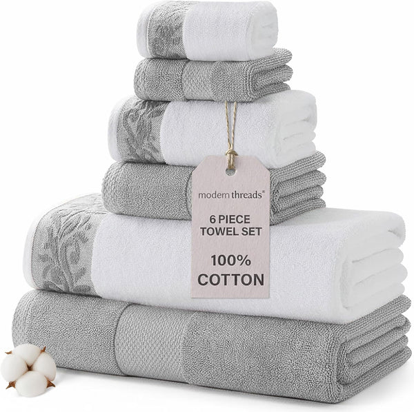 Modern Threads 600 GSM 6-Piece Towel Set with Filgree Jacquard Border, Silver