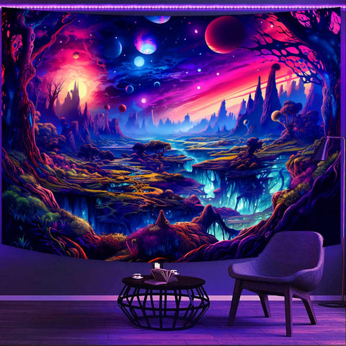 Simpkeely Fantasy Planet Tapestry, Blacklight Forest Natural Landscape Wall Hanging, UV Reactive Sunset Trees for