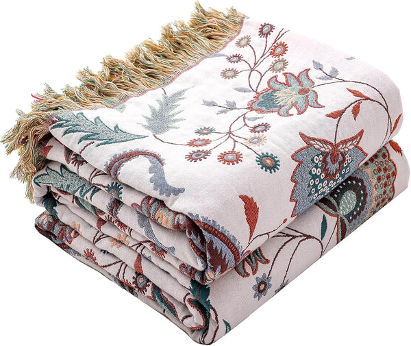 Boho Large Cotton Throw Blanket 80''x90'', Ultra Soft Rustic Quilt with Tassels, Lightweight Knitted Sofa Cover for