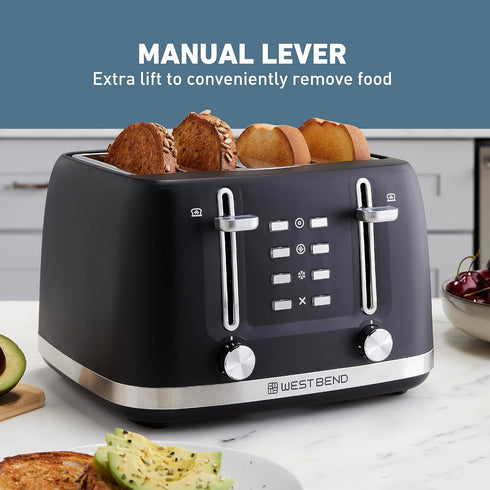 West Bend 4 Slice Toaster - Extra-Wide and Deep Slots with 3 Functions, 7 Shade Settings, Black
