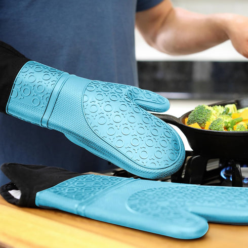 Extra Long Professional Silicone Oven Mitt, Heat Resistant Pot Holders, Flexible Gloves, Aqua, 1 Pair