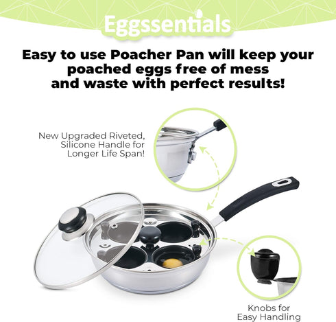 Egg Poacher - Eggssentials Poached Egg Maker, Stainless Steel Egg Poaching Pan, Poached Eggs Cooker Food Grade Safe