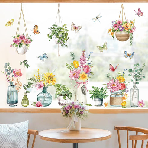 decalmile Window Clings of Potted Plants, Flowers, Easter Window Decals, Anti-Collision Stickers for Glass Doors